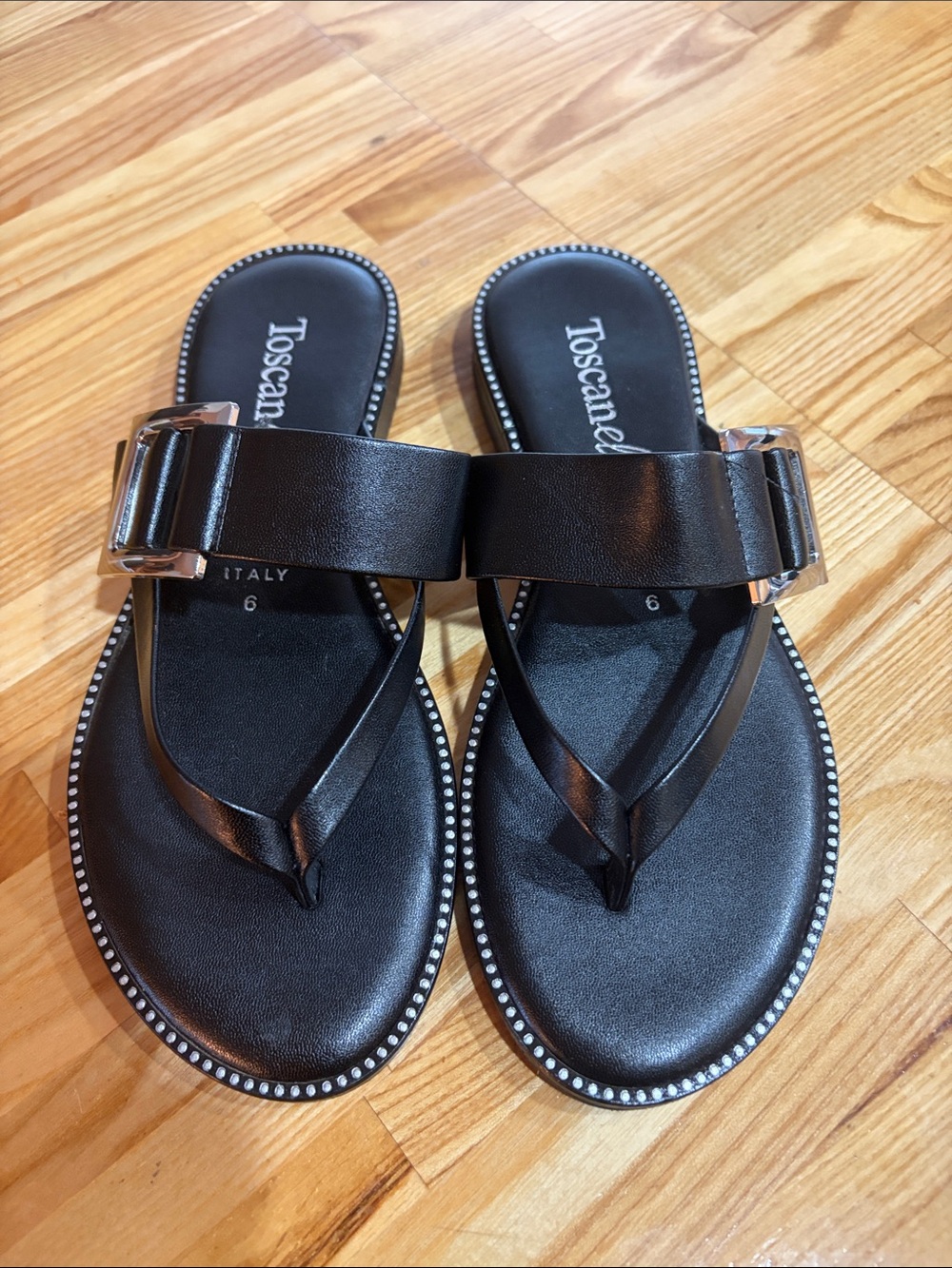 Toscanella Black Stud-Trim Leather Thong Sandals